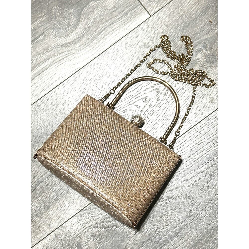 Vtg Gold Shimmer Evening Satchel Handbag S Hinged Rhinestone Latch Bag Xbody